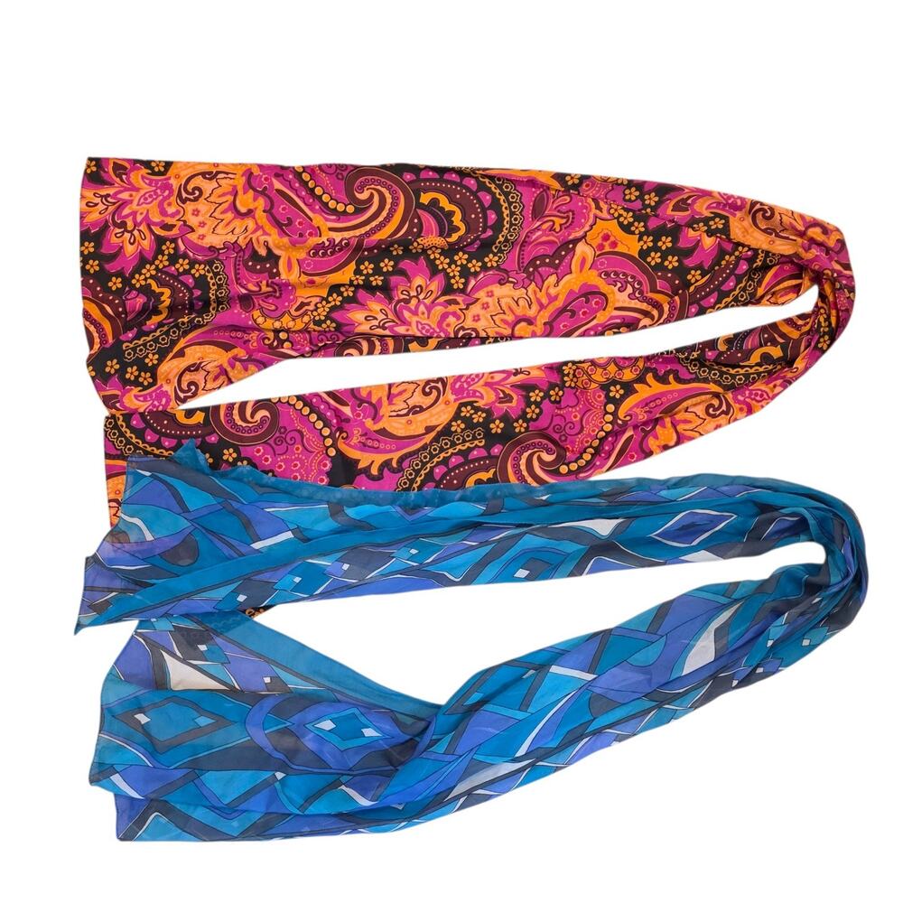 Orange & Blue Bundle Of 2 Floral Geometric Multicolor Boho Lightweight Scarves‎